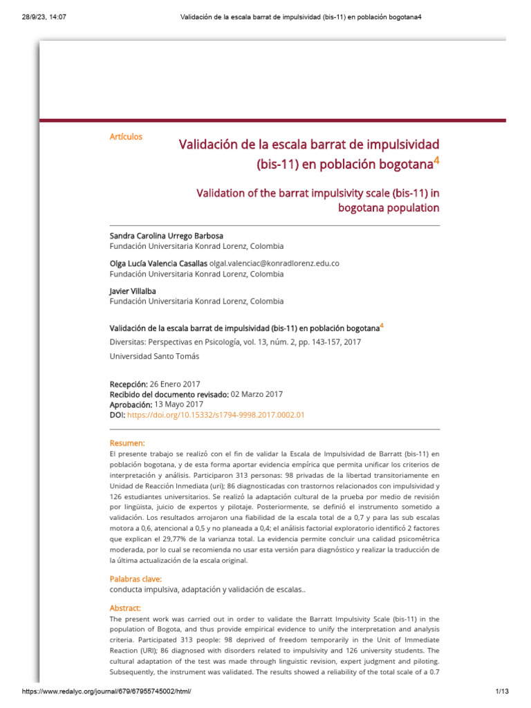 Validación de La Escala Barrat de Impulsividad (Bis-11) en Población ...