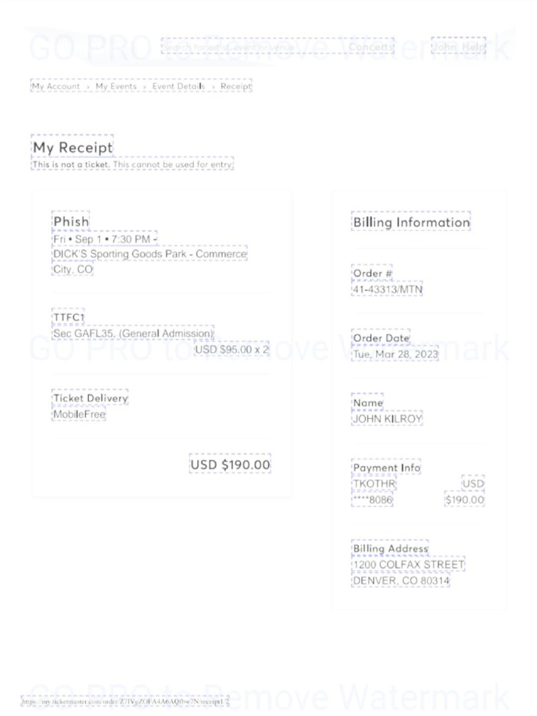 Ticketmaster Receipt for Phish Event | PDF