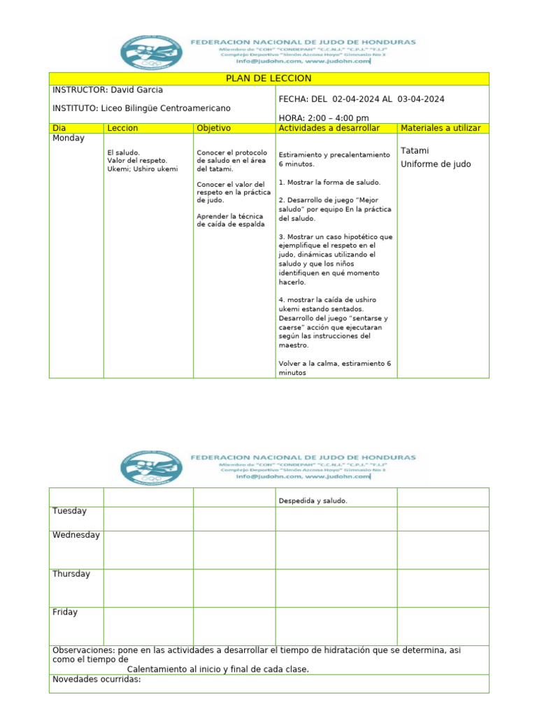 PLAN SEMANAL JUDO - SCHOOLS Ejemplo | PDF