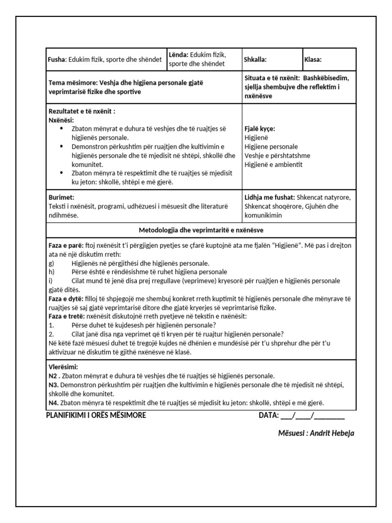 Veshja Dhe Higjena Personale Gjatë Aktivitetit Fizik Dhe Sportiv | PDF