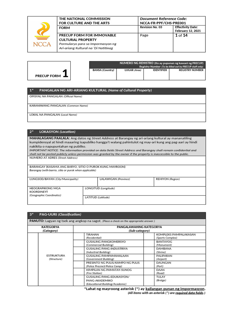 As of 2021 Feb-Precup Form 1 - Immovable Cultural Property | PDF
