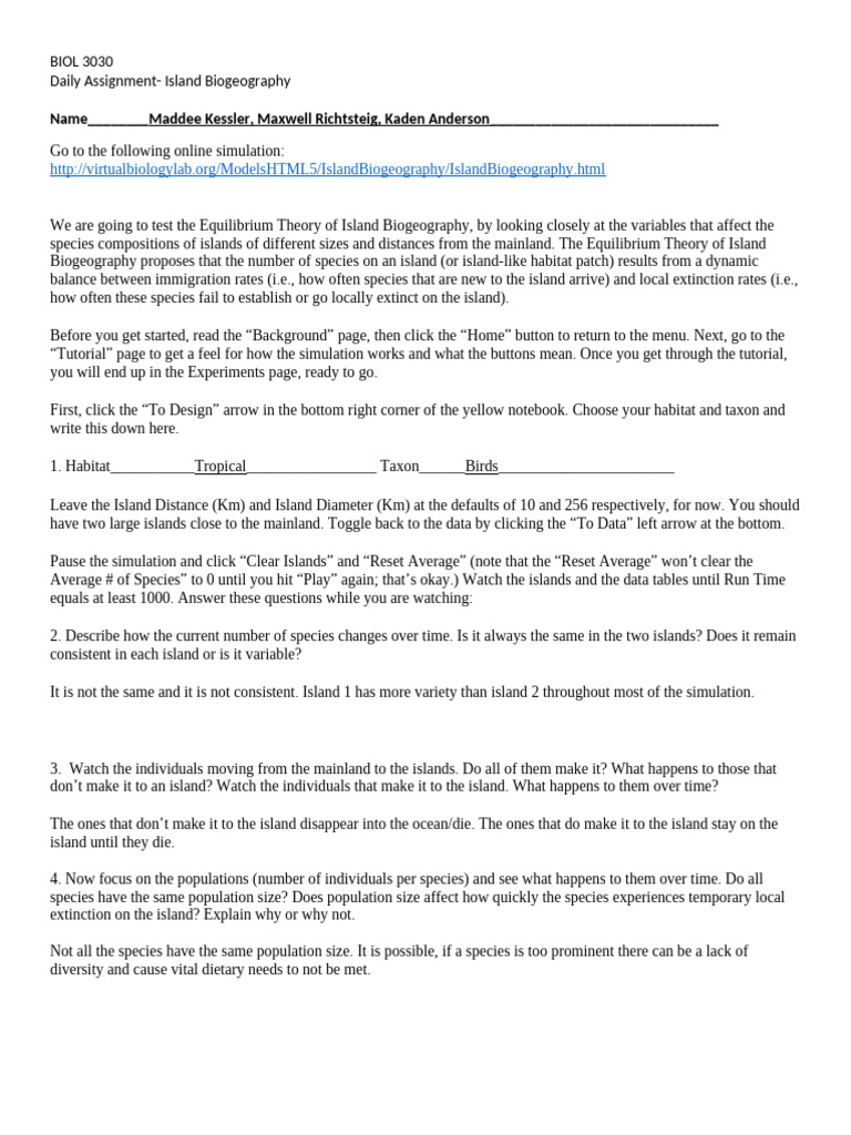 Daily Assignment Island Biogeography | PDF
