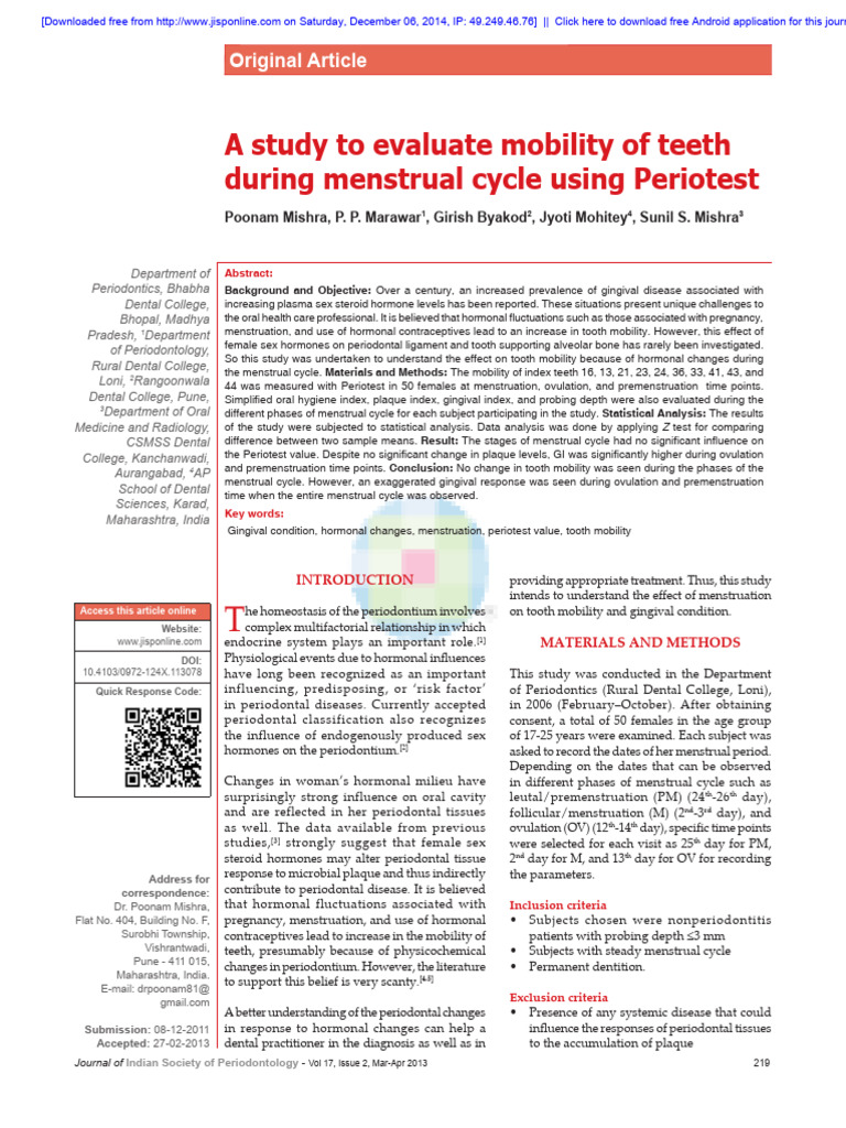14) A Study To Evaluate Mobility of Teeth | PDF