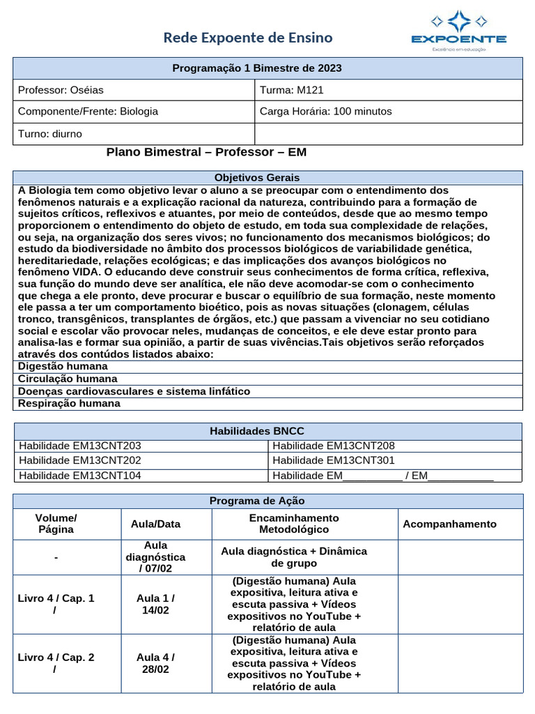 Planejamento Bimestral - EM M121 | PDF