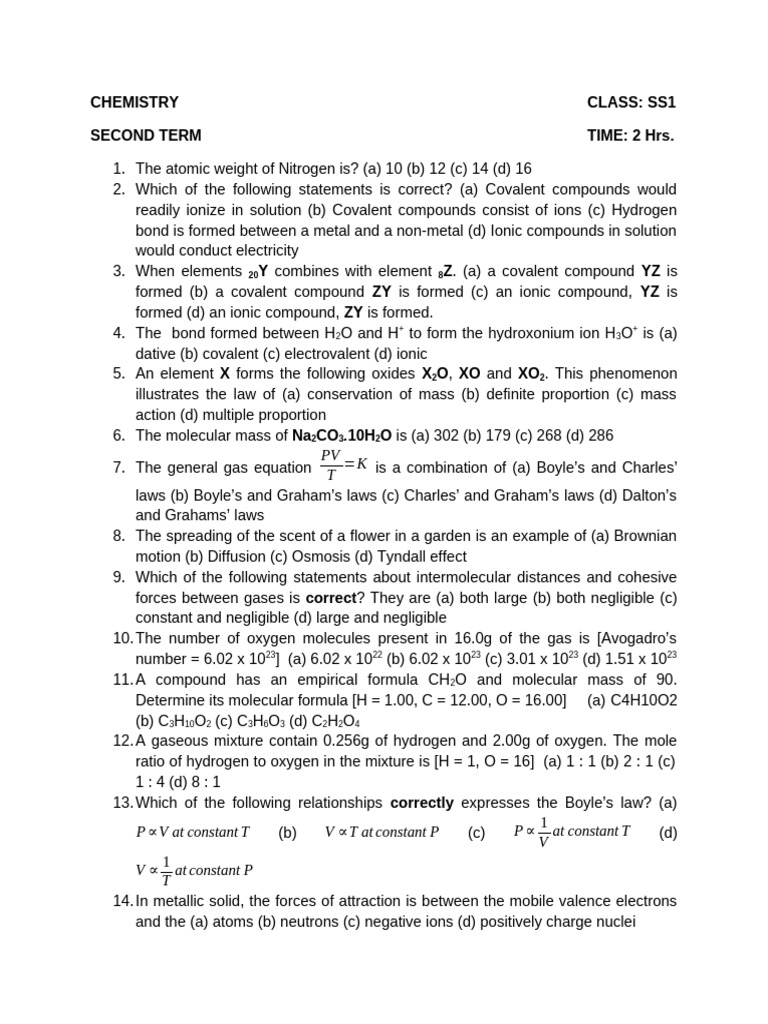 Second Term Chemistry SS1 2023 | PDF