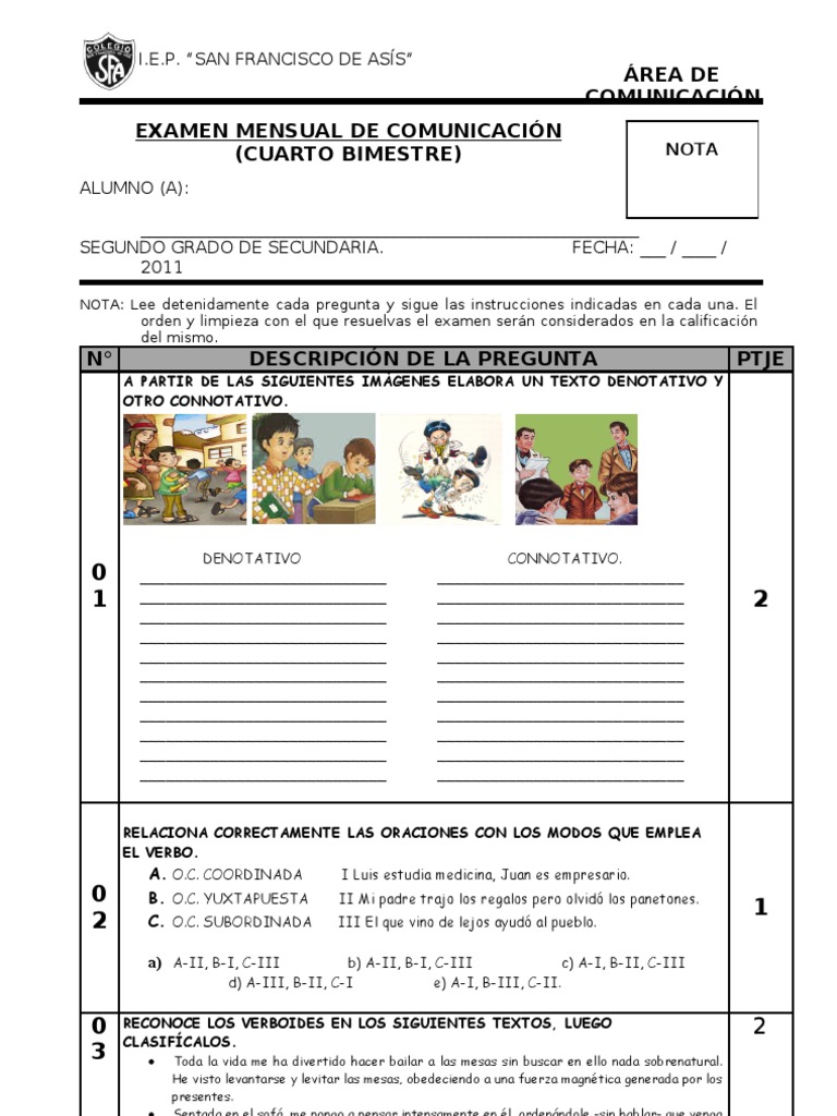 Examen Bimestral de Comunicación Iv Bimestre 2do de Secundaria | PDF ...