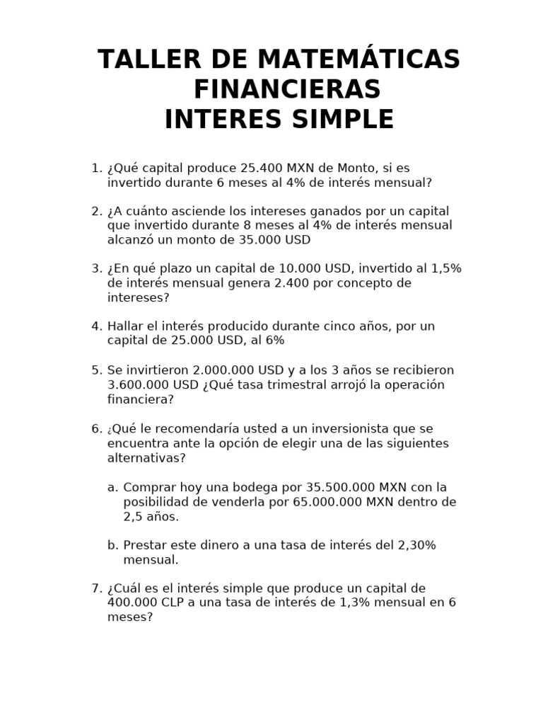Taller de Matemáticas Financieras | PDF | Interés | Tasas de interés