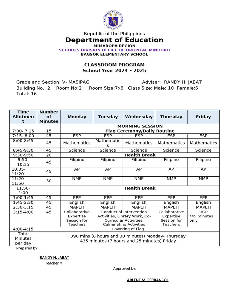MATATAG CLASS PROGRAM 2024 2025 Grade 5 | PDF