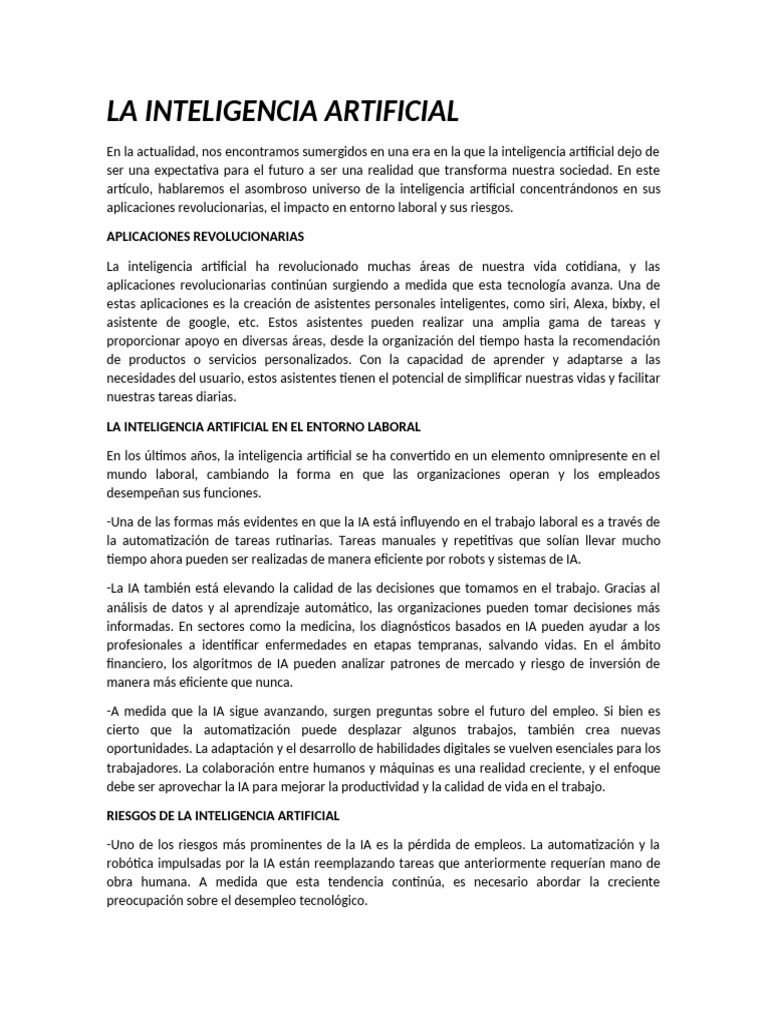 La Inteligencia Artificial | PDF | Inteligencia artificial | Informática