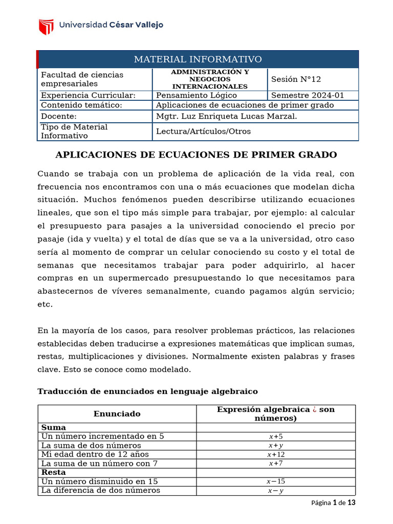Aplicaciones de Ecuaciones Lineales | PDF | Ecuaciones | Fórmula