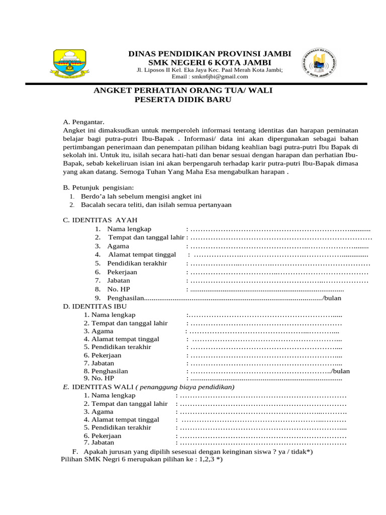 Angket Perhatian Ortu | PDF