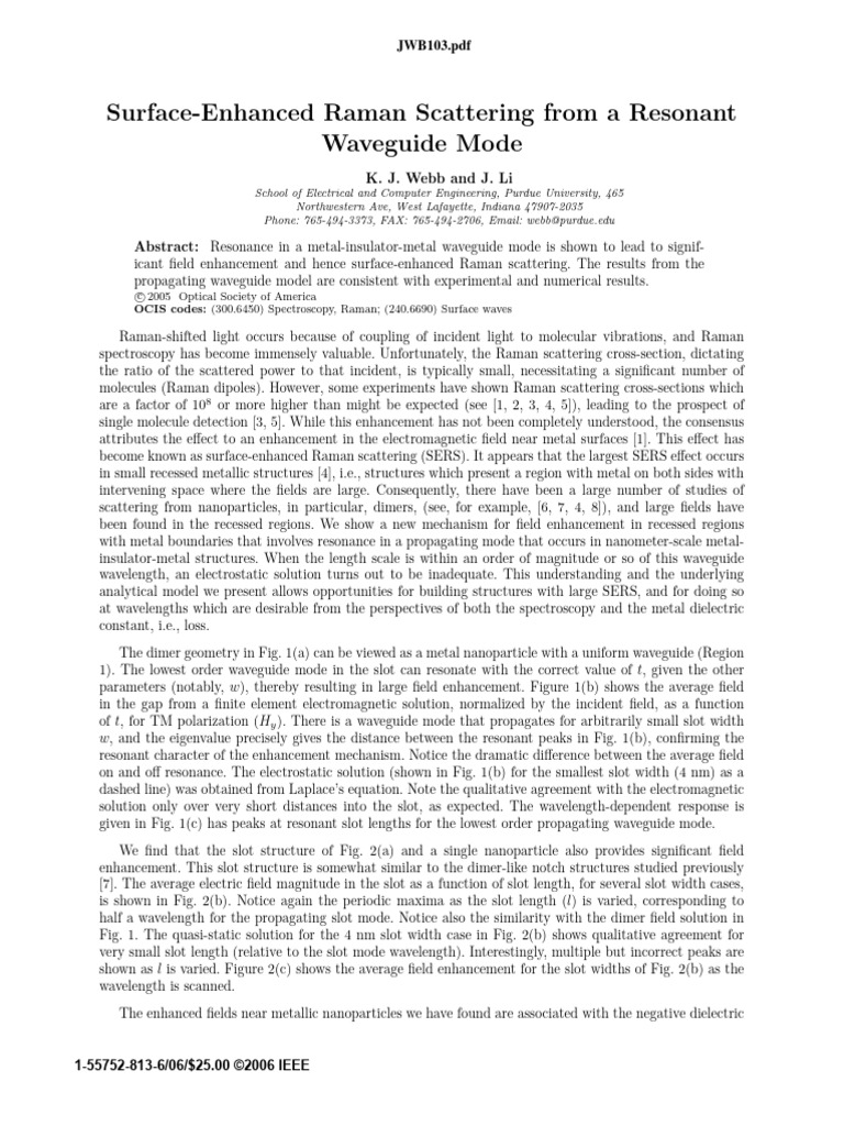 Surface-Enhanced Raman Scattering From A Resonant Waveguide Mode | PDF