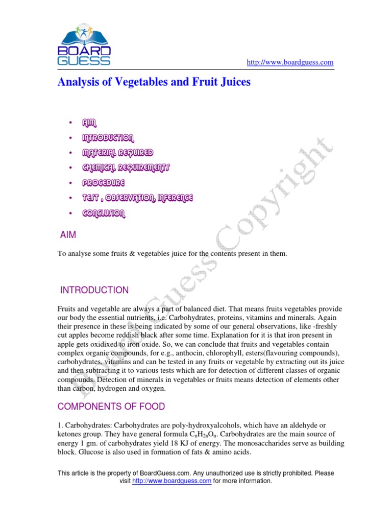 Analysis of Vegetables and Fruit Juices | PDF | Fruit | Carbohydrates