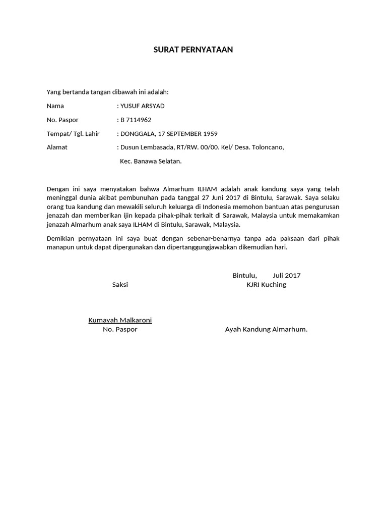 Draft Surat Pernyataan Pemakaman | PDF