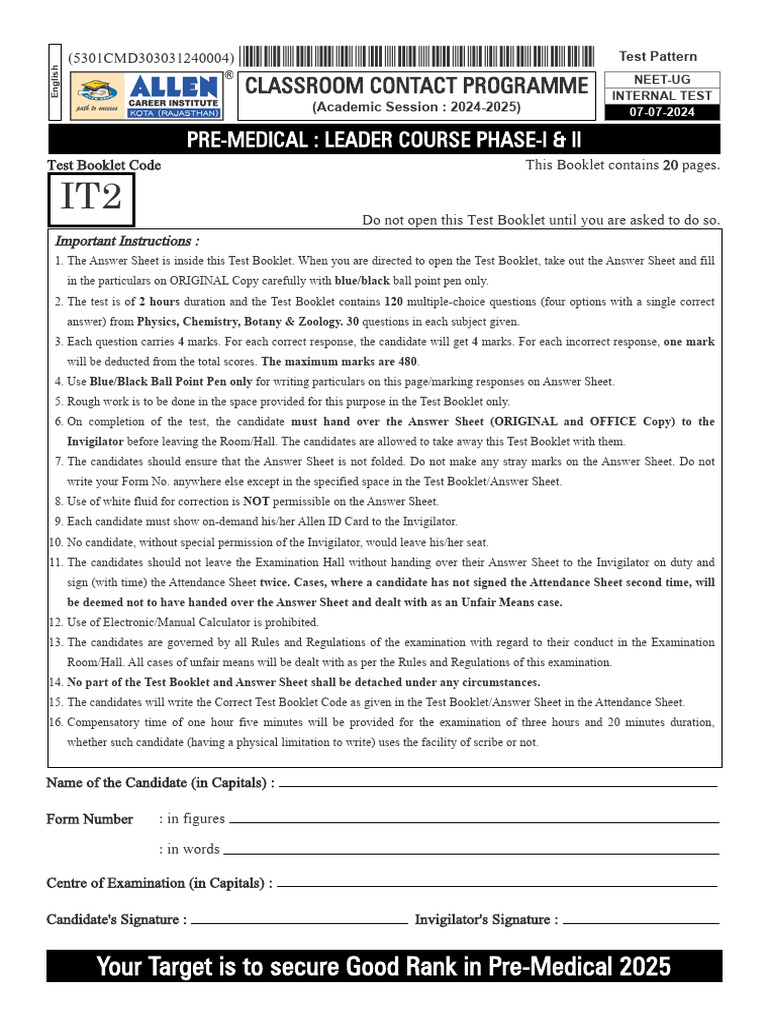 0707 - Pre-Medical Leader Phase-I & Ii - Internal Test-2 - Final | PDF
