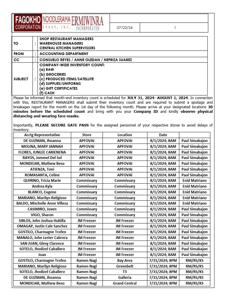 July 2024 Inventory Count Schedule | PDF | Inventory | Logistics