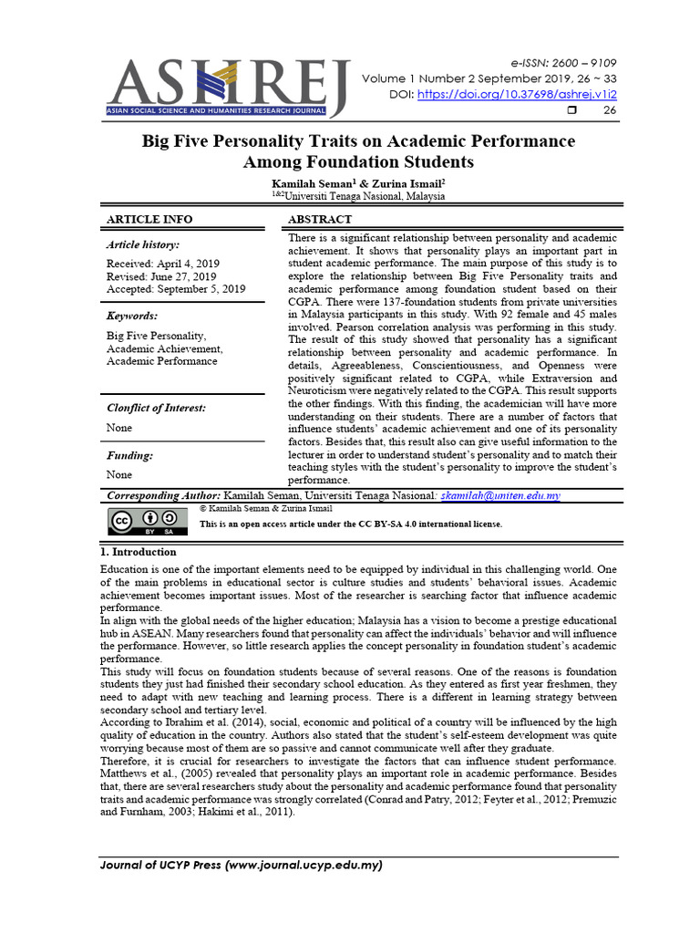 Big Five Personality Traits On Academic Performanc | PDF