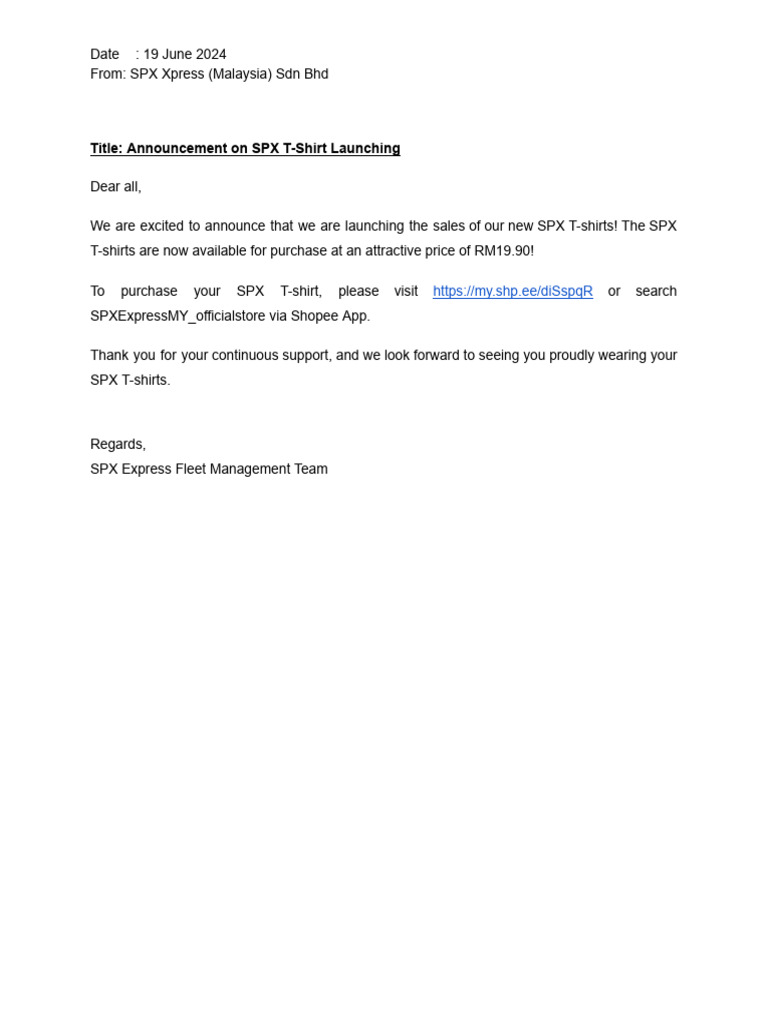 (MEMO) SPX T-Shirt Launching Announcement | PDF