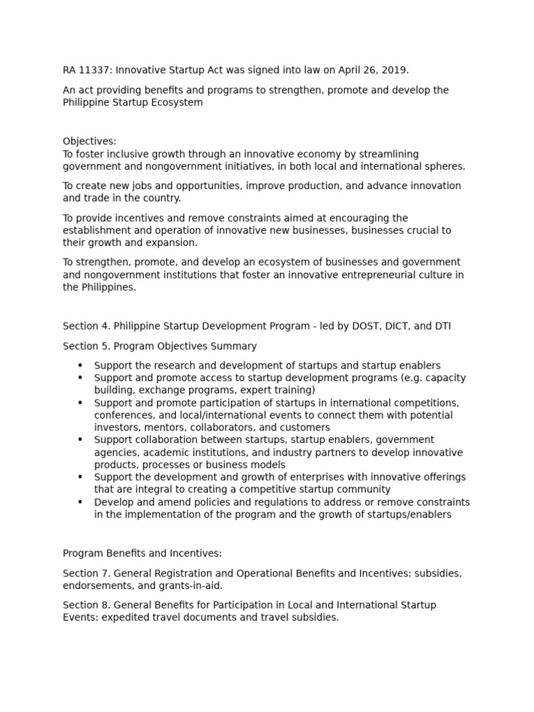 RA 11337 Innovative Startup Act | PDF
