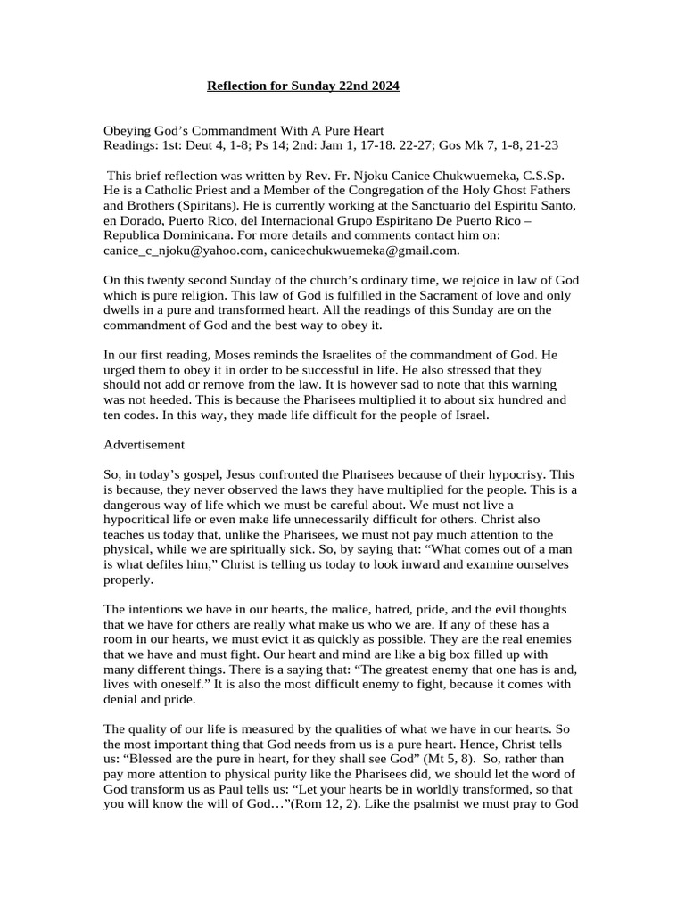 Reflection For 22nd Sunday | PDF | Ten Commandments | Self-Improvement