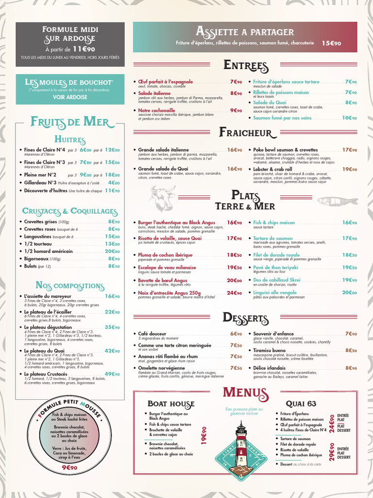 Menu Fruits de Mer du Quai 63 | PDF | Limonade | Livres de cuisine ...