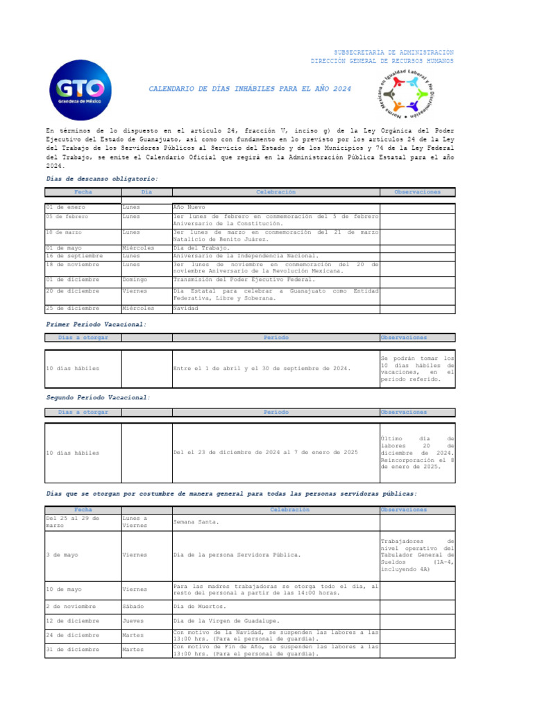 Calendario dias inhabiles 2024 pdf