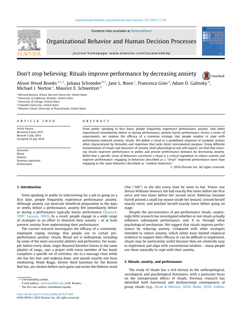 Donâ ™T Stop Believing - Rituals Improve Performance by Decreasing ...