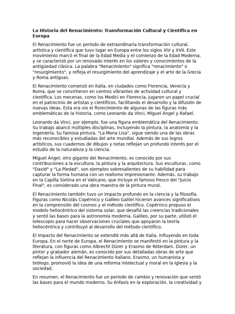 Historia del Renacimiento en Europa | PDF | Renacimiento | Clásicos