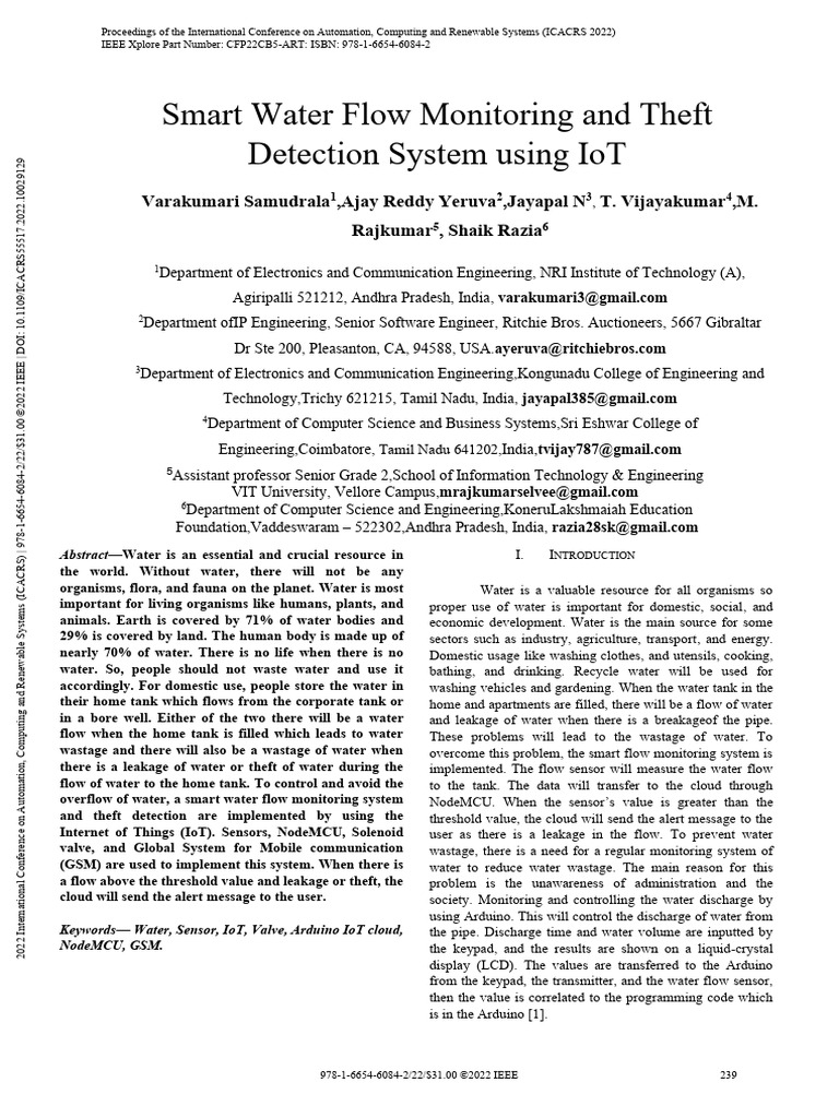 Smart Water Flow Monitoring and Theft Detection System Using IoT | PDF