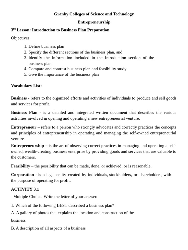 L3 Introduction To Business Plan Preparation Pdf