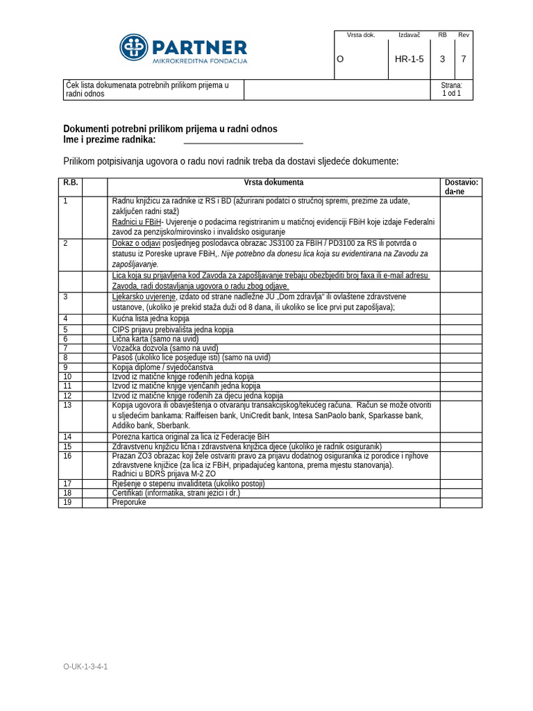 O-HR-1-5-3-7 Ček Lista Za Prijem Lične Dokumentacije Od Radnika | PDF