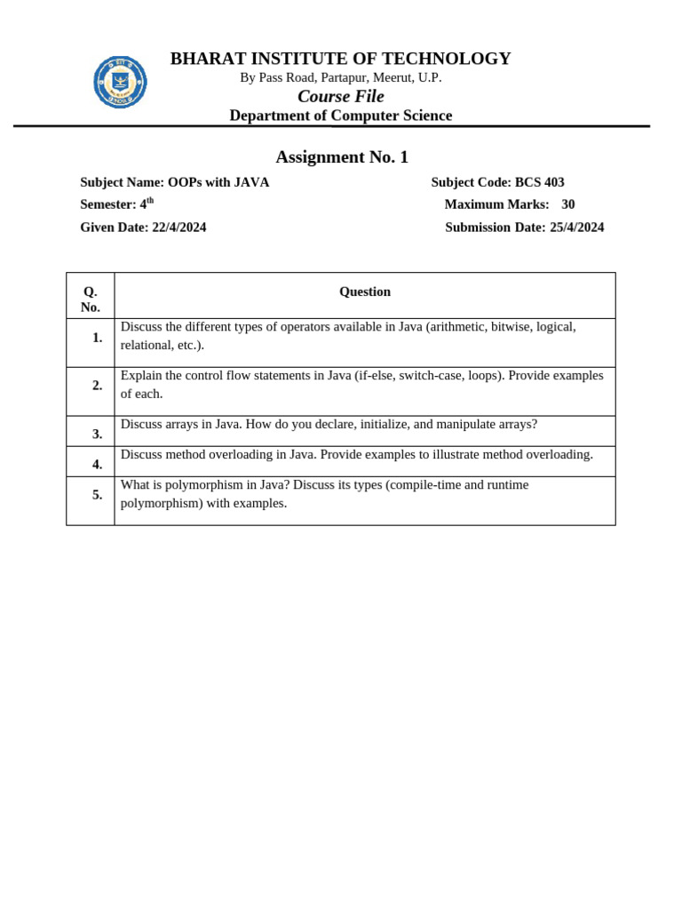 BCS 403 OOPS WITH JAVA Assignment 1 PDF Bcs 403 oops with java assignment 1 pdf