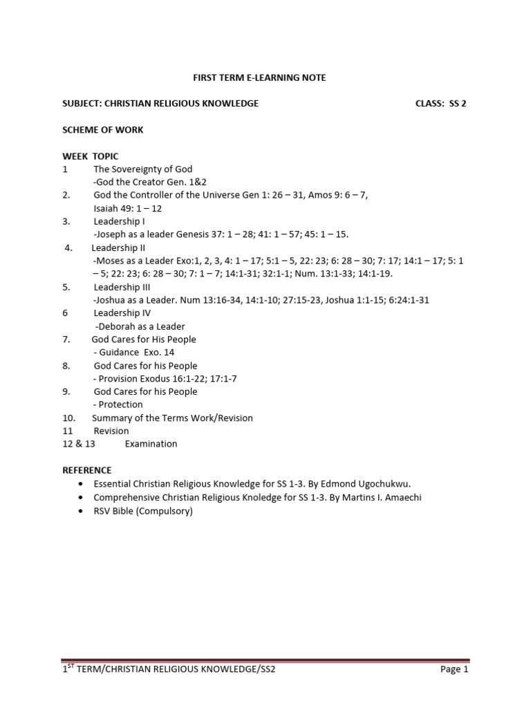First Term Ss2 Christian Religious Knowledge | PDF