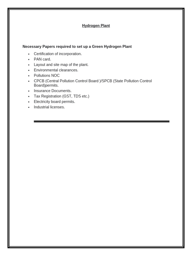 Necessary papers required to set up a green hydrogen plant pdf