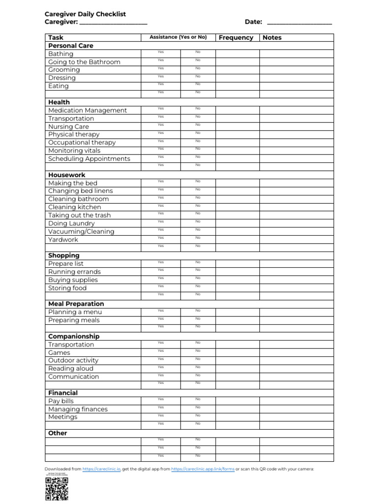 Printable Caregiver Daily Checklist - 1