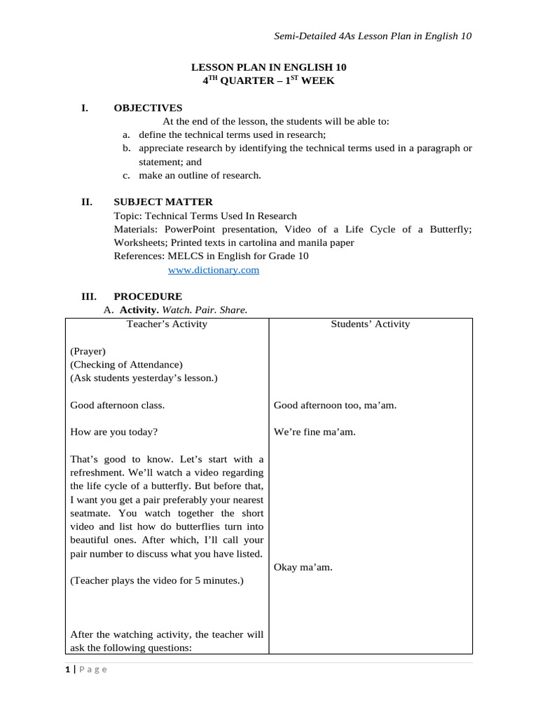 Lesson Plan in Technical Terms | PDF