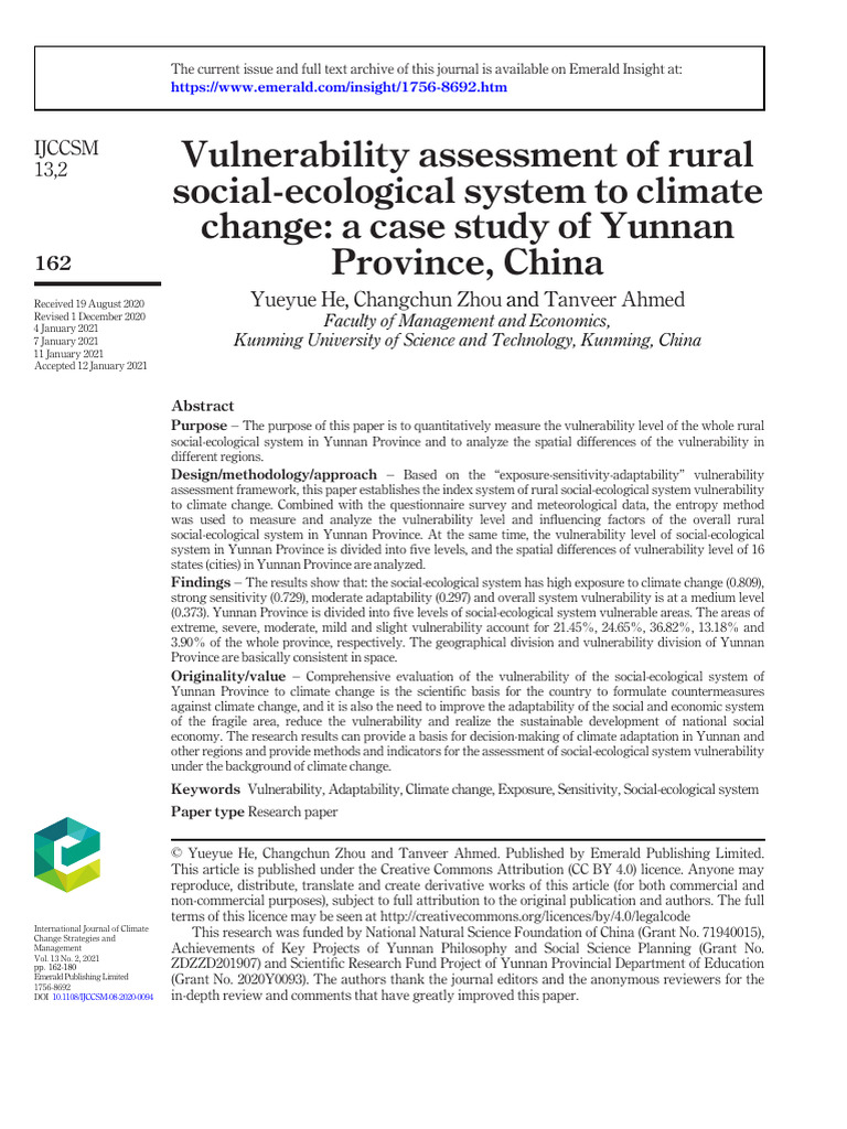 Yunnan Climate Change Vulnerability Assessment | PDF | Climate Change ...