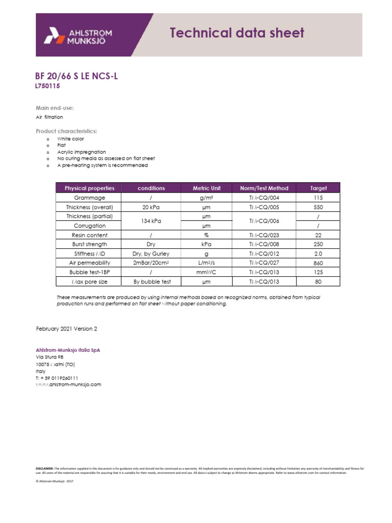 Technical Data Sheet: BF 20/66 S Le NCS-L | PDF