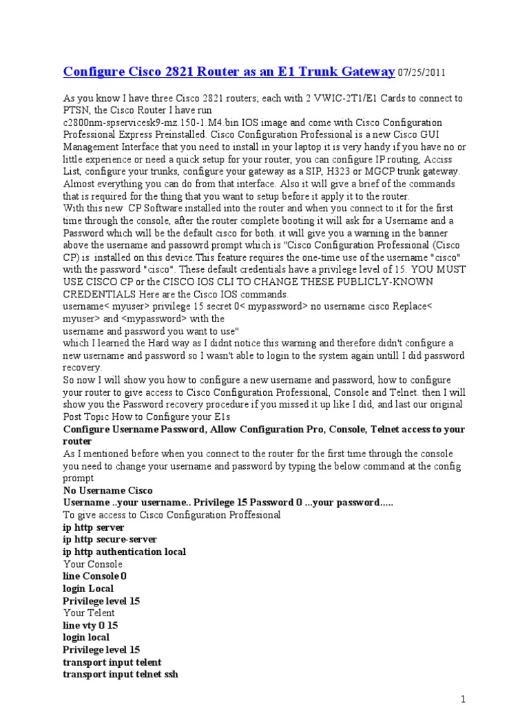 Cisco 2821 Router E1 Trunk Setup Guide | PDF | Data Transmission ...