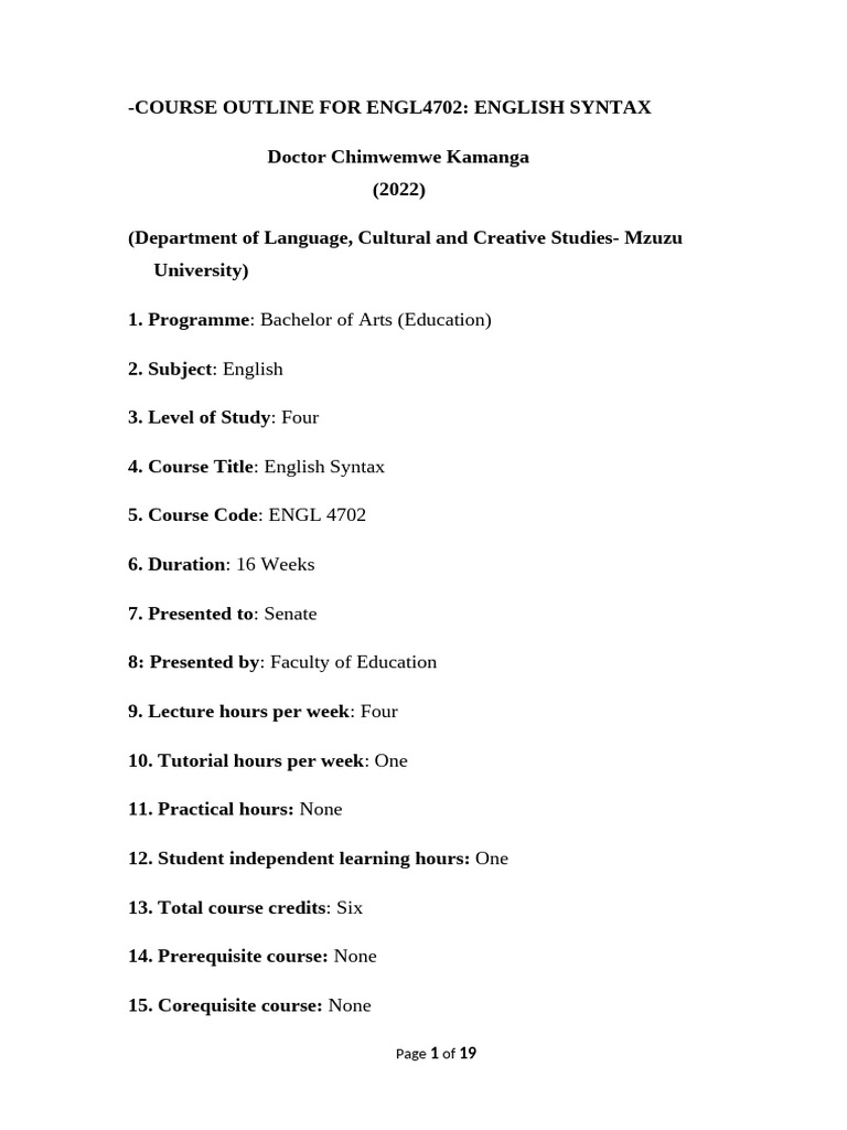 English Syntax Course Outline ENGL4702 | PDF | Part Of Speech | Word
