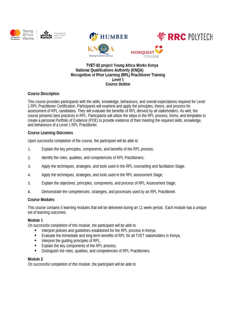 00-RPL Level 1 Course Outline | PDF