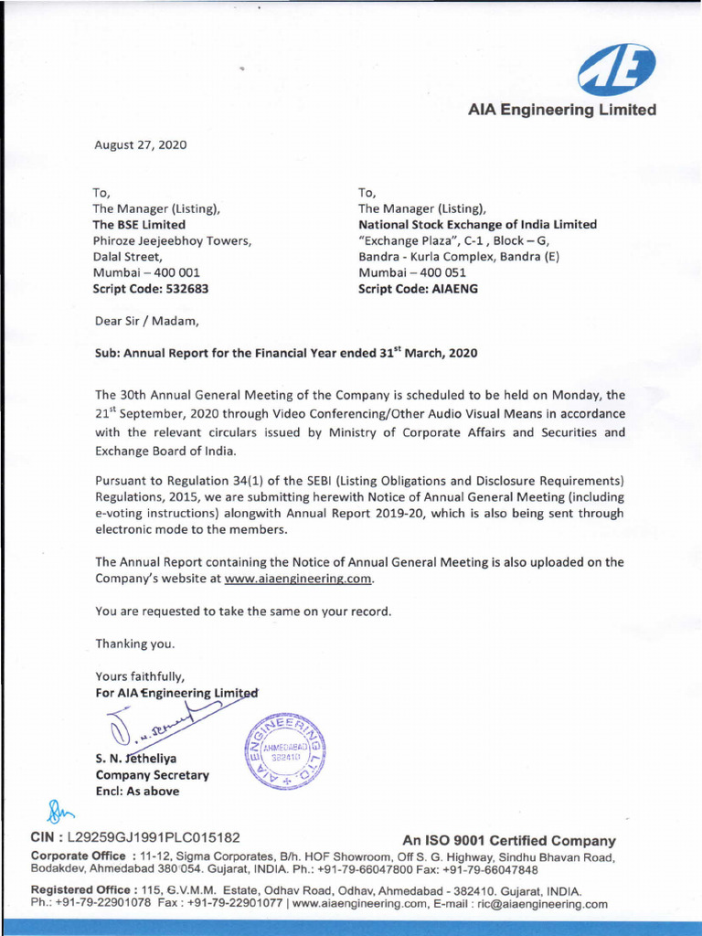 Ala Engineering Mited: Cin: L29259Gj1991Plc015182 An Iso 9001 Ce Tified ...