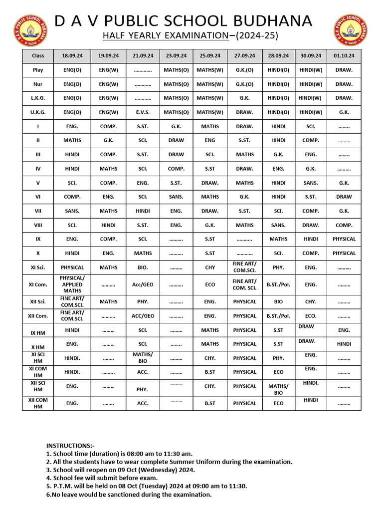 Half Yearly Date Sheet 2024-25 | PDF