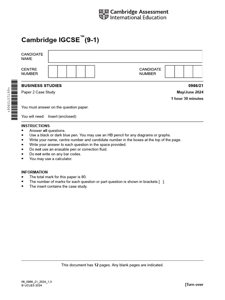 Cambridge IGCSE (9-1) : 0986/21 Business Studies | PDF