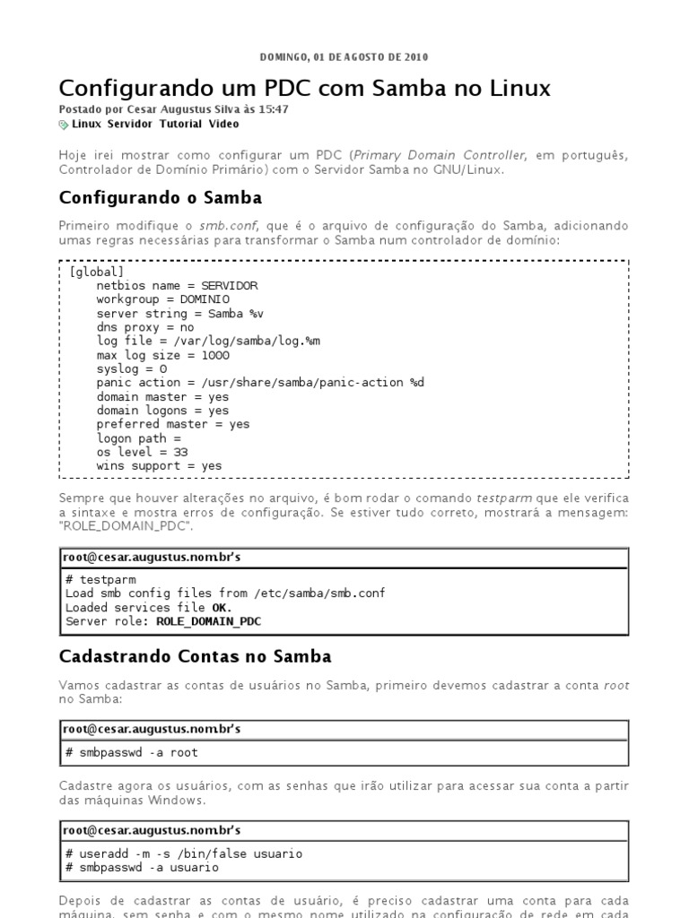 Configuração de PDC com Samba no Linux | PDF | Servidor (informática ...