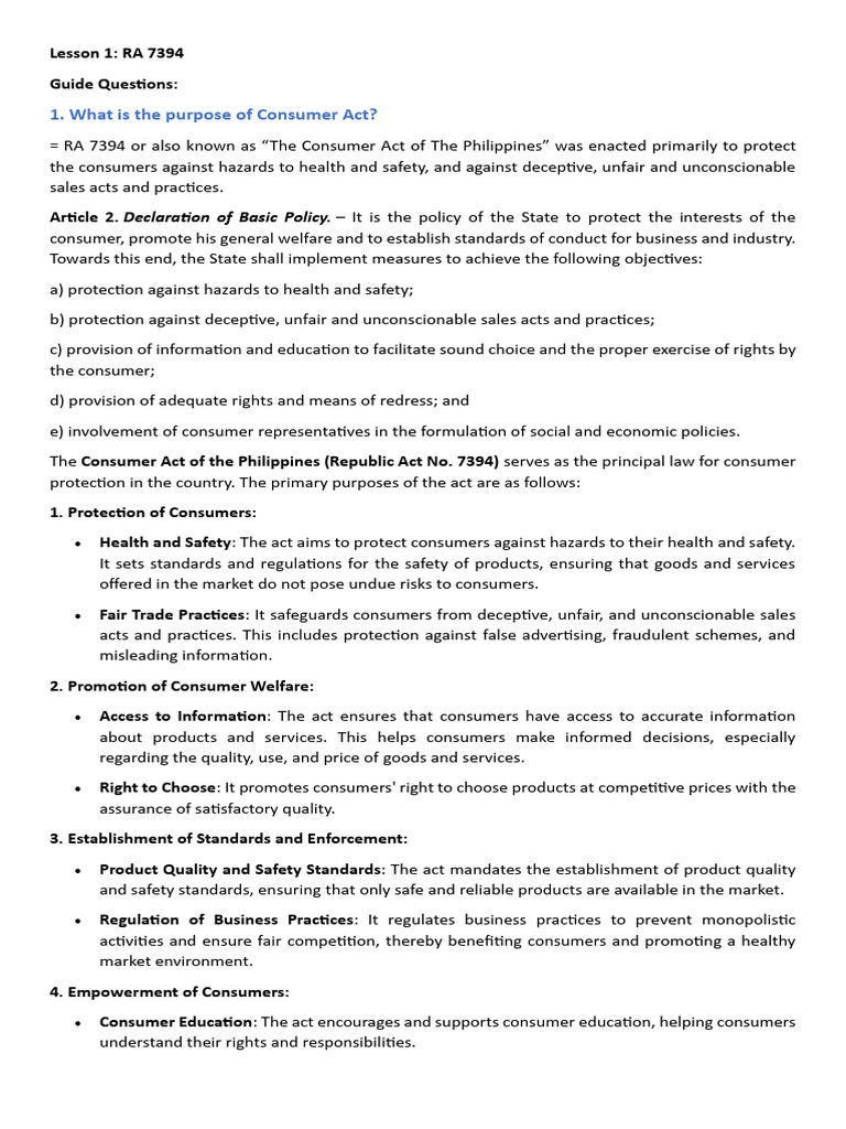 Overview of RA 7394: Consumer Act | PDF | False Advertising | Cosmetics