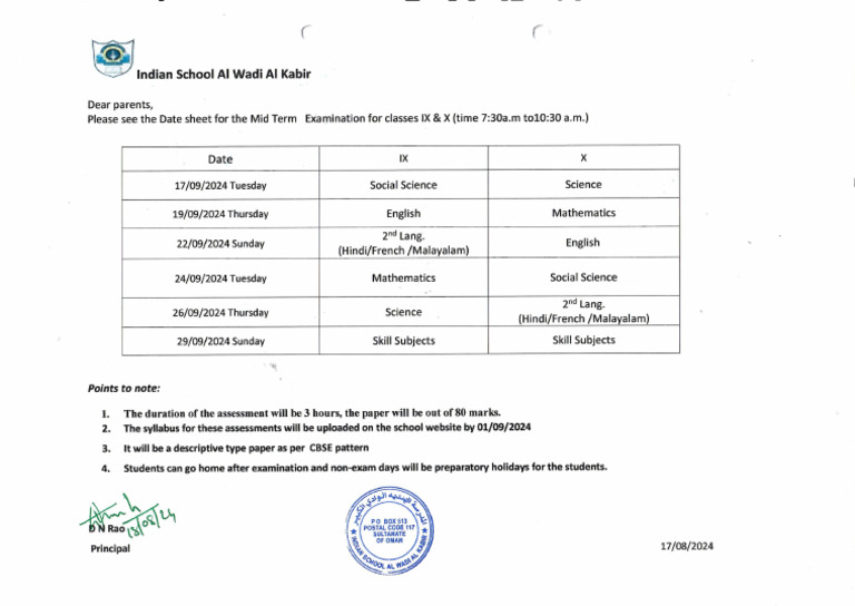 Circular To Parents - Datesheet of Mid - Term Examination of Classes IX ...