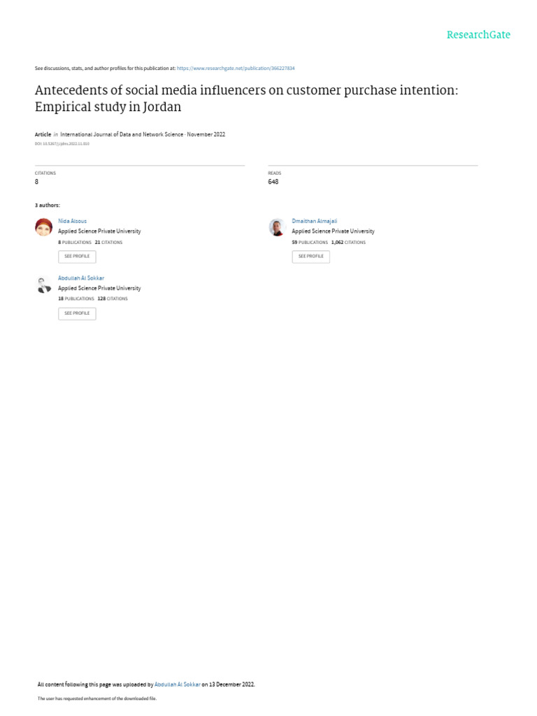 Antecedents of Social Media in Uencers On Customer Purchase Intention ...