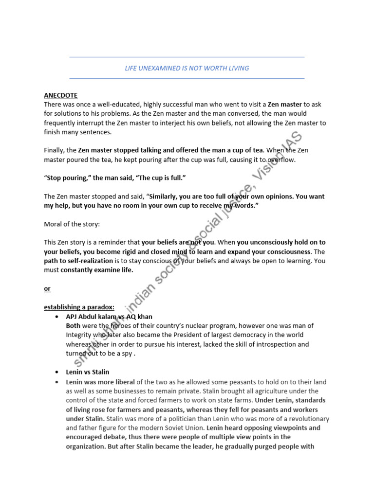 Life Unexamined Is Not Worth Living Essay | PDF