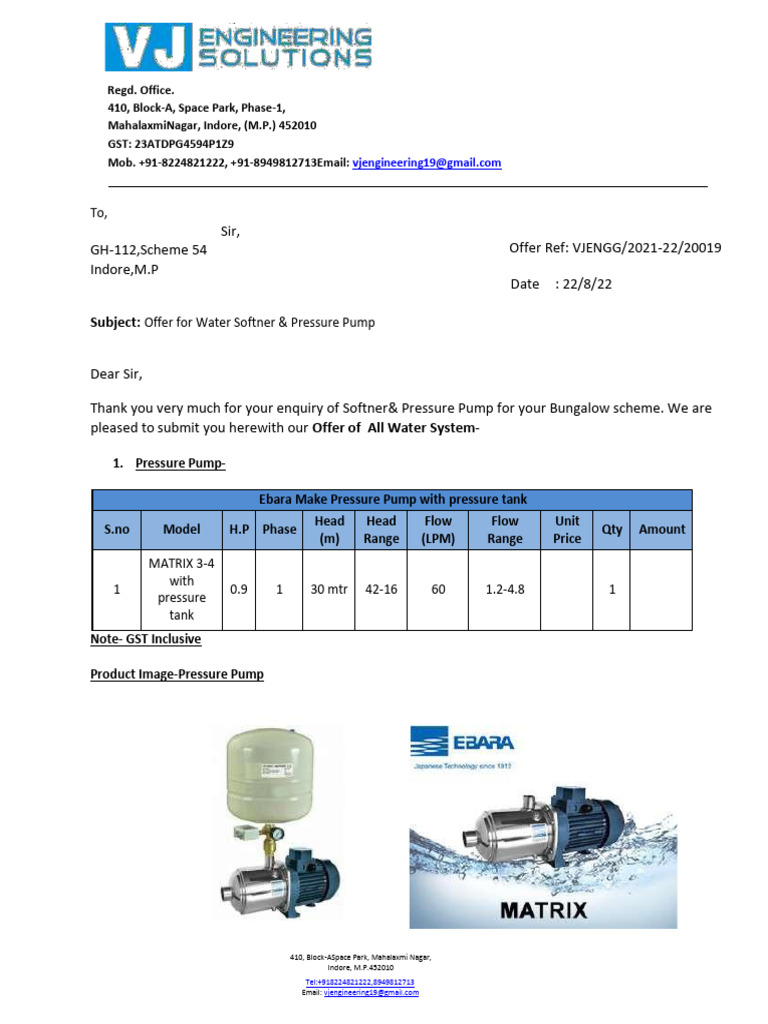 Pressure Pump and Softener-Vj Engineering | PDF